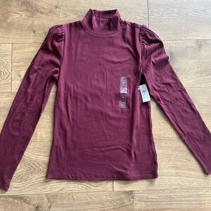 GAP NWT wine colored mock neck, puff sleeve, ribbed long sleeve top.